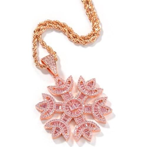 Bling Hotest Ins Big Pink Snowflake Necklace Zircon Paved Rope Chain Unisex Hip Hop Jewelry