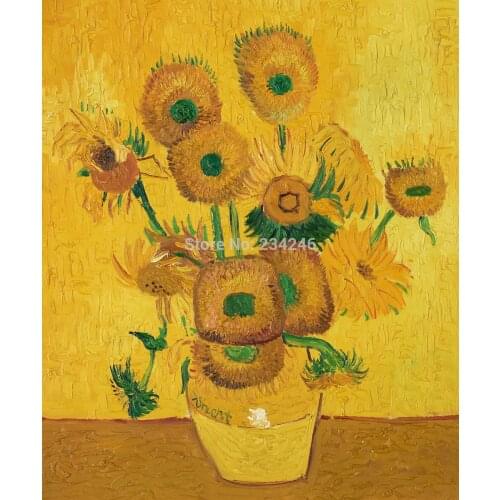 Handpainted Van Gogh Oil Painting Vase with Fifteen Sunflowers Floral Canvas Painting Reproduction for Home Decoration Unframed