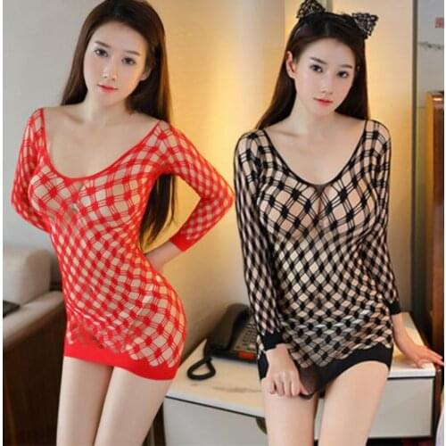 Sexy Crochet Fish Net Lingerie Babydoll Dress Underwear Costumes Lady Sleepwear Chemises Costumes Nightgown Long Sleeve 7 Color