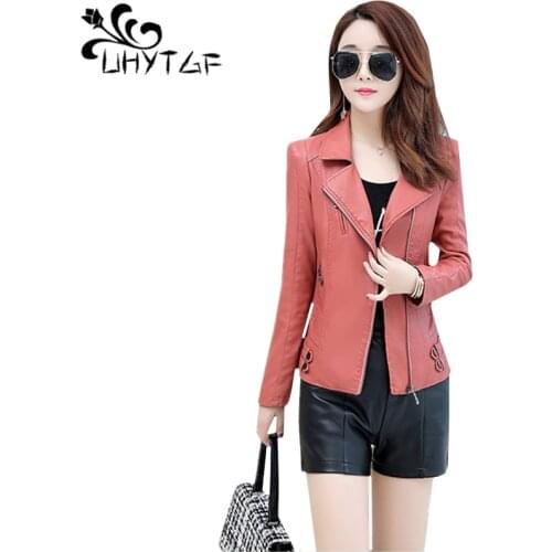 UHYTGF Female Sheepskin Coat Fashion Spring Autumn Short Jacket lapel Slim Lady Coats M-4XL Plus size leather Jackets Women 791