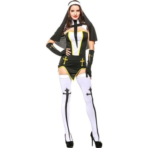 Adult Women Halloween Sexy Nun Costume Ladies Priest Pastor Porn Games Tube Dress Erotic Bodysuit Stocking Suit For Girls