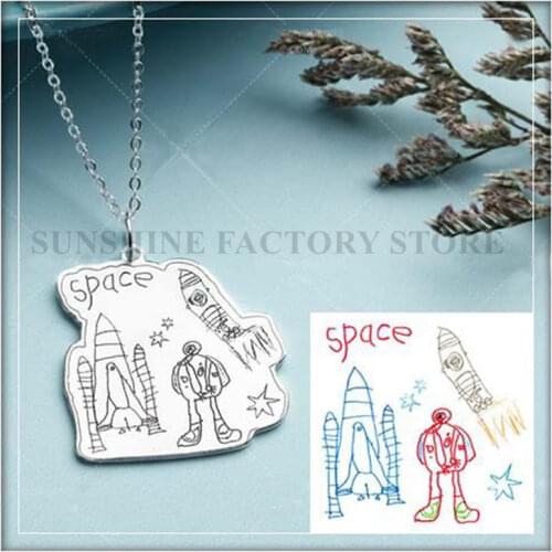 Custom 925 Sterling Silver Photo Necklaces Pendants Drawing Name Engraved，Custom Kid‘s Drawing Necklace，Personalized DrawingPto