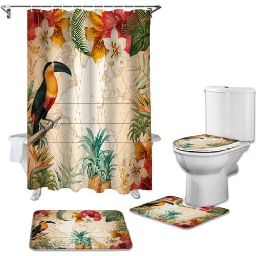 Toucan Flower Fruit Pineapple Map Shower Curtain Set Carpet Cover Toilet Cover Bath Mat Home Decor Bathroom Curtain
