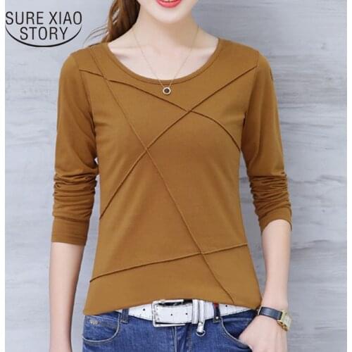 Plus Size Long Sleeve Shirt Women 2021 Autumn Cotton O-neck T-shirt Casual Slim Solid New Office Lady Korean Clothes 10713