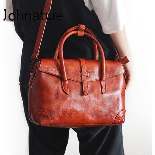 Johnature Retro First Layer Cow Leather Women Big Bag 2020 New Casual Tote Luxury Handbag Handmade Painted Lady Shoulder Bags