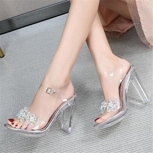 2021 Catwalk Class Heel Stiletto Sexy Platform 11CM High Heel Sandals Womens Transparent Crystal Summer Wedding Shoes Black Red