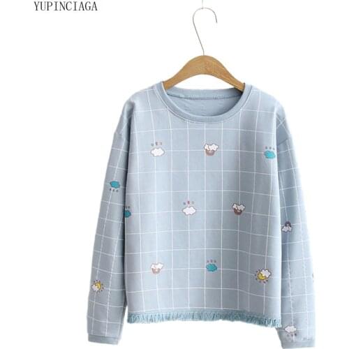 Women Hoodies 2020 Spring O-Neck Long Sleeve Pullovers Femme Cartoon Plaid Print Harajuku Hoodies Sweatshirt For Girls