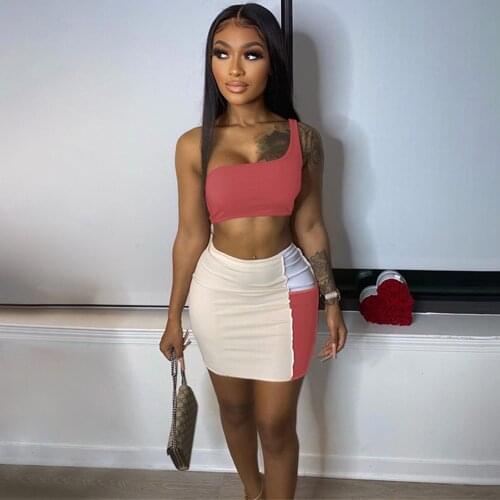 Women Skinny Matching Two Piece Set Sexy One Shoulder Slash Neck Crop Tops and Color Block Tight Mini Skirt Party Clubwear Sets