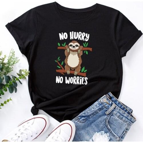 2021 Women T-shirt Summer Short Sleeve Cotton Plus Size S-5XL Cute Lazy Sloth Print Funny Casual O Neck Female Tshirt Tees Tops