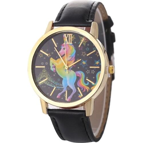 Retro Light luxury Unicorn Childrens Quartz Watch Boy and girl Starry sky Colorful little pony leather watch Student watch
