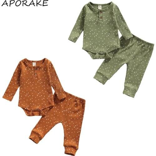 2021 0-18M Baby Girls Boy Ribbed Clothes Cute Polka Dot Print Long Sleeve O-neck Romper+Elastic Waist Trousers Apring Autumn Set