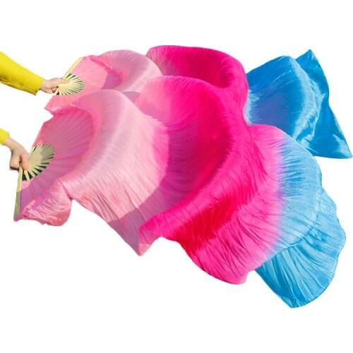 100% Real Silk Veils 1Pair Left+Right Hands Handmade Dyed Unisex Silk Belly Dance Fans Gradient Color Pink+Rose+Turquoise 180x90