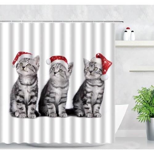 FILMILIL Christmas Cats Shower Curtains Sets Cute Dogs Xmas Hat New Year Home Decor Polyester Fabric Bathroom Bath Curtain Hooks