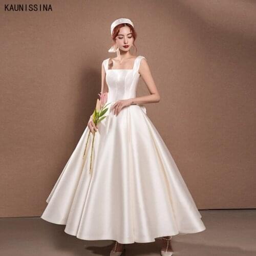 KAUNISSINA Simple Satin Wedding Dress Square Collar Sleeveless A-Line Bridal Gown Bownot Princess Vestido De Novia Bride Dresses