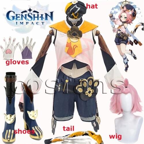 Game Genshin Impact Cosplay Mondstadt Diona Costumes Women Cute Cat Suit with Hat Tail Halloween Carnival Costumes for Women Wig