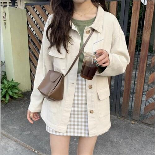 Solid Turn-down Collar Jean Jacket for Women Loose Casual Beige Fashionable Women Coats Female outwear Denim Feminine HC064