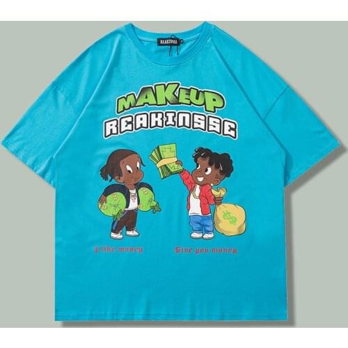 2021Cartoon Print Cotton Short-sleeved T-shirt Men Harajuku Hip Hop Streetwear Loose Clothing Campus Oversize Couple Tshirts Top