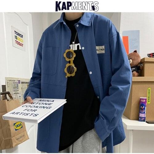 KAPMENTS Vintage Men Harajuku Shirts 2020 Autumn Mens Pocket Streetwear Long Sleeve Shirt Male Korean Oversized Button Up Shirt