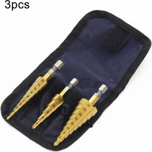 3pc HSS Step Drill Bit Set Titanium Hex Shank Multifunction Cone Hole Cutter Taper 4-20mm / 3-12mm / 4-12mm With Pouch