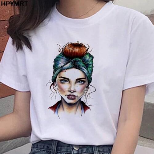 New summer Retro beauty printed t-shirt Korean version solid color white style wild tshirt Harajuku t shirt women tops clothing