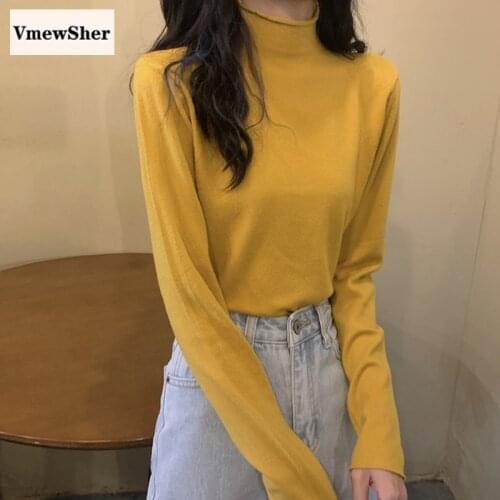 VmewSher Autumn Sweater Solid Long Sleeve Mock Neck Jumper Casual Basic Spring Women Pullover Slim Soft Velvet Shirt Warm Top