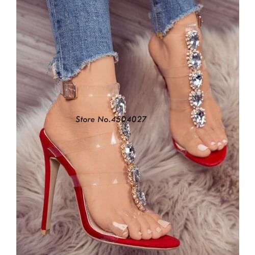 Sexy red peep toe high-heeled buckle strap diamond sandals women summer Transparent PVC Crystal womens shoes