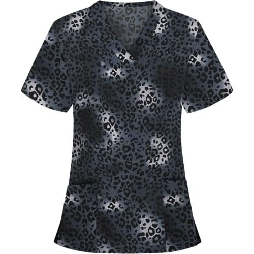 Working Nurse Uniform Tops Leopard Print Short Sleeve V Neck Nursing Blouse for Women Uniforme Enfermera Mujer Mukoti Yunifomu