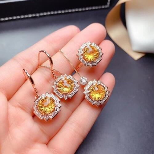 2020 new purple amethyst /yellow citrine ring hook earrings and necklace jewelry set for women real 925 silver Aries/Gemini