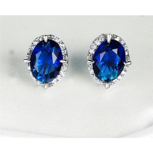 Blue Oval Zircon Rainbow Stone Stud Earrings For Women Wedding Jewelry Female Luxury Multicolor Crystal Birthstone Earrings Gift