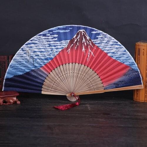 Japanese style series silk bamboo fan red sun Mount Fuji Kanagawa ocean wave female fan painting folding fan wholesale