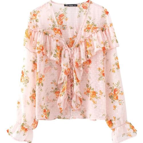 Sweet Girls Ruffle Sleeve Shirt 2021 Summer Fashion Ladies Office Women V Neck Floral Fresh Chiffon Shirt Top