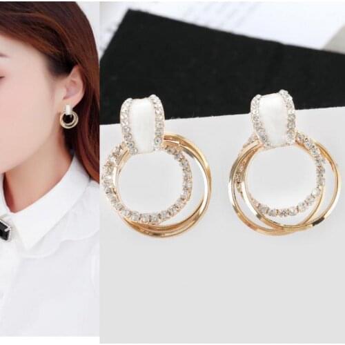 Temperament Korean Personality Versatile Super Shiny Rhinestone Circle Drop Oil Earrings Earrings Female Wedding Accessories