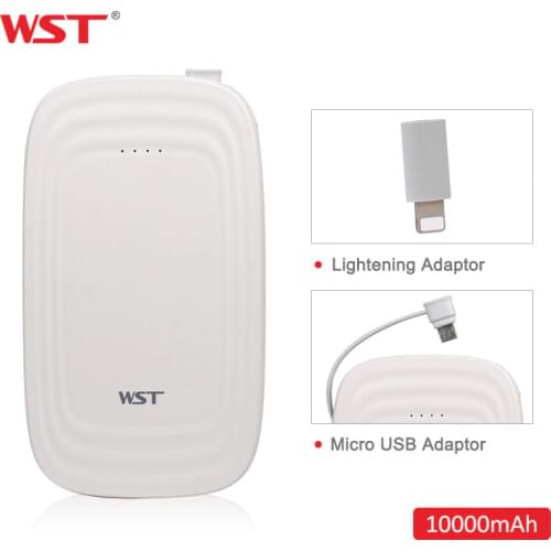 WST Power Bank 10000mAh with Built in Cable External Battery Charger Slim Portable Battery for iPhone Android Bateria External