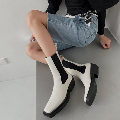 Hot Women Boots Fashion Split Leather Slip-On Chelsea Boots Square Toe Thick Heel Female Platform Boots Handmade Women Shoes
