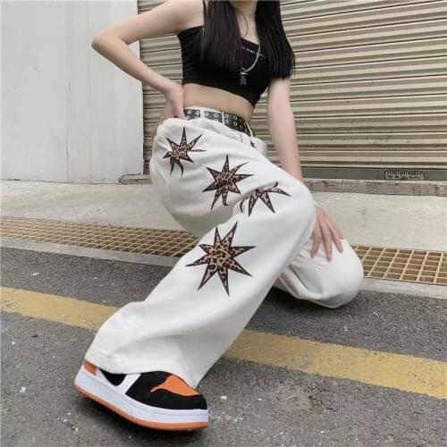Five-pointed star letter printed jeans women 2021 summer new hip-hop street loose straight-leg pants Gothic oversized trousers