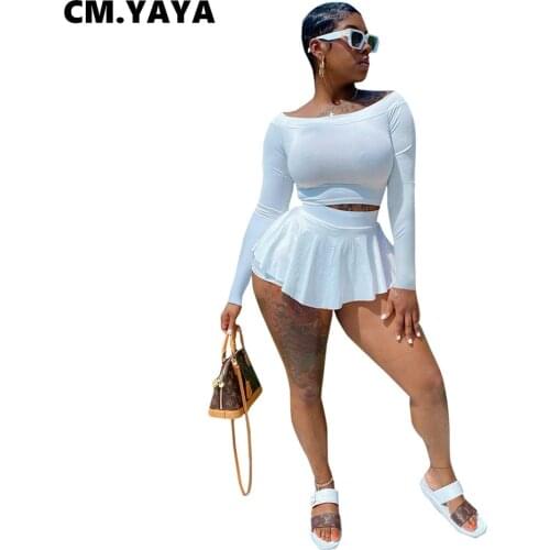 CM.YAYA Women Set Solid Full Sleeve Slash Neck Slim Crop Tops Elastic Waist Mini Pleated Skirts Two 2 Piece Sets Outfit Fall