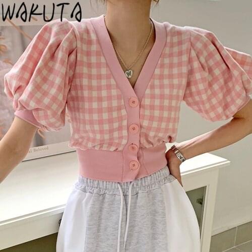 WAKUTA Summer Sweet Crop Knitted Puff Short Sleeve Plaid Cardigan Women 2021 New Korean Fashion Pink Retro Tops Chic Streetwear