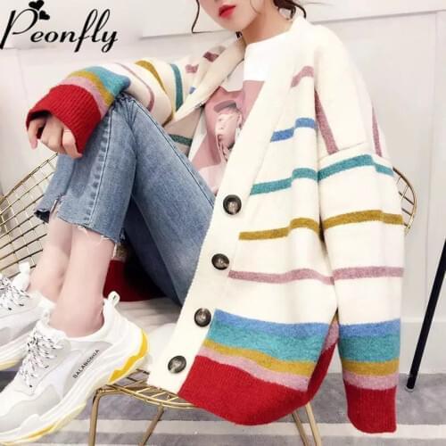 PEONFLY 2021Autumn Winter Oversized Striped Cardigan Women Knitted Sweater Jacket Single Breasted Long Sleeve Cardigan Female