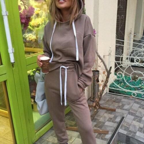 2pcs Solid Color Two Piece Set Women Outfits Set Long Sleeve Hooded Sweatshirt Drawstring Sweatpants Pants Set Women Tracksuits