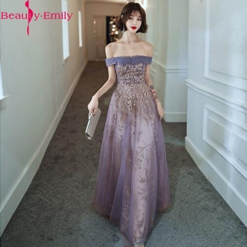 Sexy Boat Neck Women Purple Golden Appliques Evening Dress Long 2020 Charming Off the Shoulder Lace Up Back Formal Party Dress