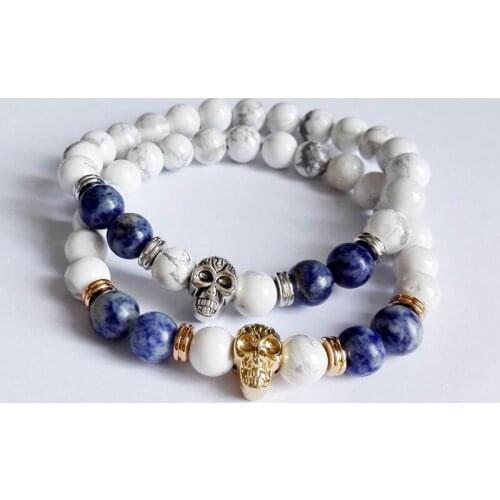 10PCS Wholesale New Beaded Mens Antique Silver and Gold Skull Yoga Bracelets,8mm Natural white Howlite stone Beads Jewelry