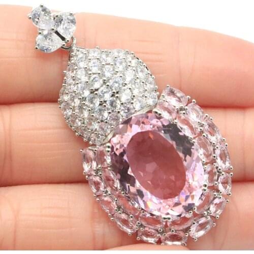 52x27mm 10g Delicate Fine Cut Big Silver Pendant for Women Created Pink Kunzite New Stone Iolite Eye Catching Fine Jewelry