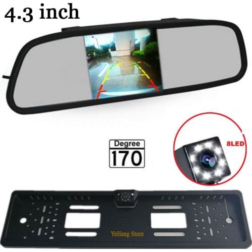 Free Shipping, 4.3 inch Car Rearview Mirror Monitor+ 8Leds HD CCD European Russia License Plate Frame Auto Rear View Camera