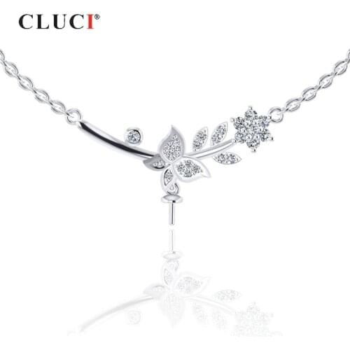 CLUCI Silver 925 Zircon Pearl Pendant Necklace Women Wedding Jewelry 925 Sterling Silver Leaf Pendant Necklace SN049SB