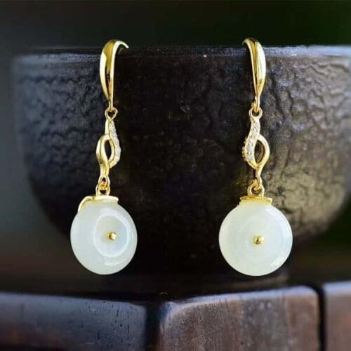 Designer original new natural Hetian jade round earrings elegant fashion light luxury ladies silver jewelry