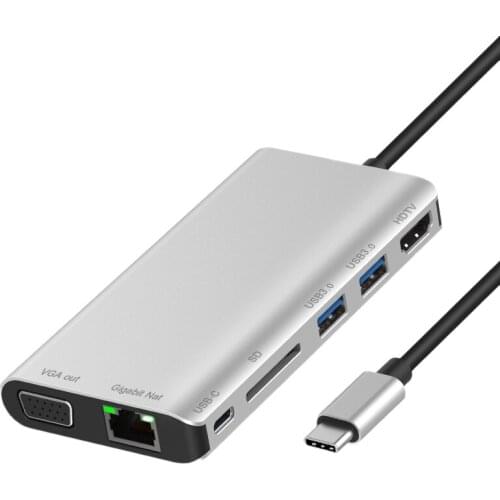 Type-C Docking Station, USB 3.0X2 +Sd Card Reader + HDMI-Compatible /Vga+Jack 3.5 +Gigabit Lan+Type-C+(Pd) Hub