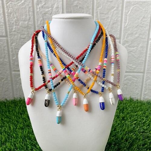 European And American Punk Personality Fashion Colorful Bead Necklace Simple Ins Cold Neck Chain Hip-hop Pill Collarbone Chain