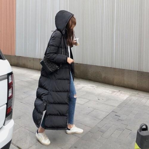 JuneLove Winter Women Black Over Knee Duck Down Lady Hooded Plus Size Coats Femme Vintage Outwear Casual Warm Long Coat Parkas