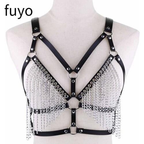 Leather Necklaces Chain Harness Body Chain Bra Goth Punk Sexy Chain Top Women Body Jewelry Festival Fashion Rave Outfit jewelry