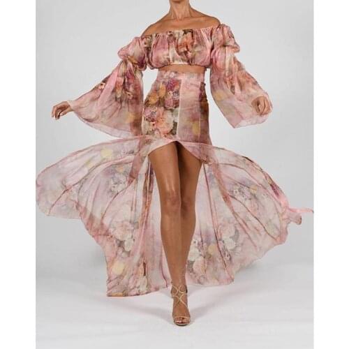 Summer 2021 Casual Slim Floral Print Crop Top and Skirt Vintage French Vestidos Sexy Split Off Shoulder Women Two Piece Set F362